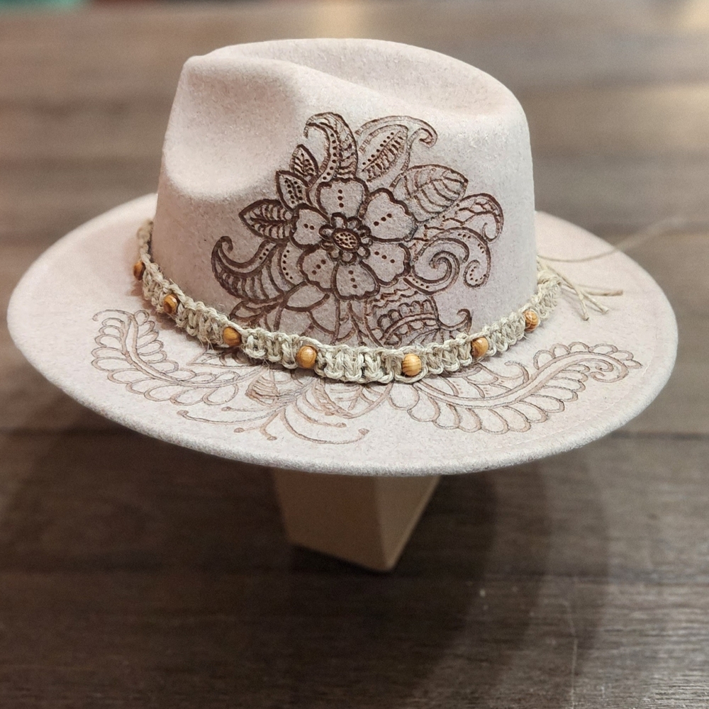 Floral Hand Burned Creamy Beige Hat